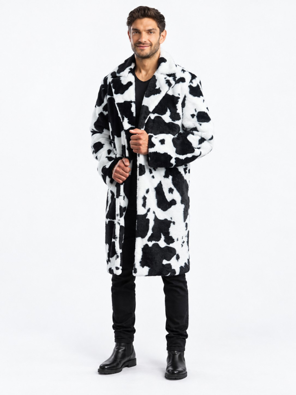 Manteau fausse fourrure vache homme – Carnaval de Dunkerque noir et blanc