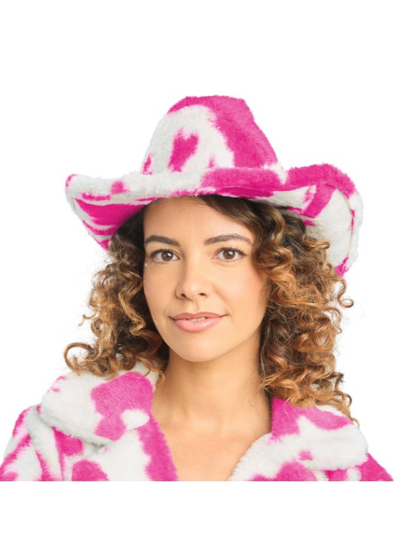 Chapeau cowboy fausse fourrure imprimé vache – Mixte rose