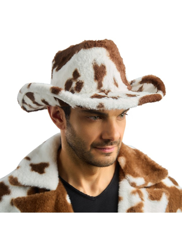 Chapeau cowboy fausse fourrure imprimé vache – Mixte marron