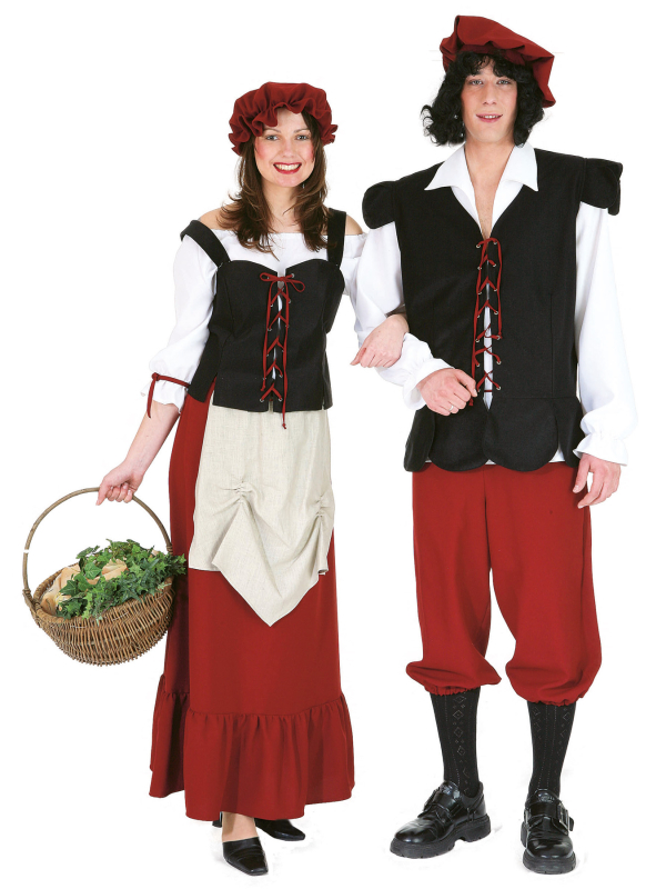 Déguisement couple paysan médiéval homme et femme – costume villageois bordeaux