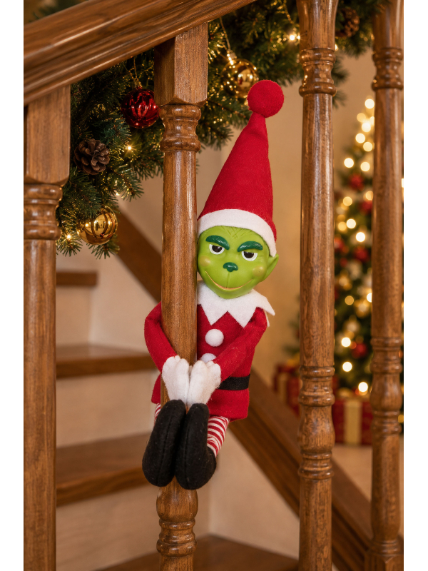 Poupée lutin de Noël verte en costume rouge et blanc