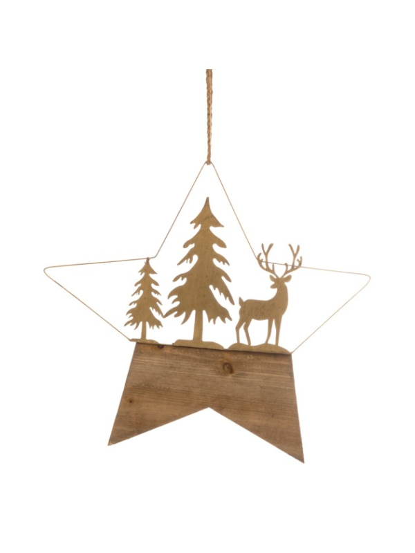 Étoile de Noël à suspendre en métal doré et bois – Cerf et sapins 45,5 × 41,5 cm