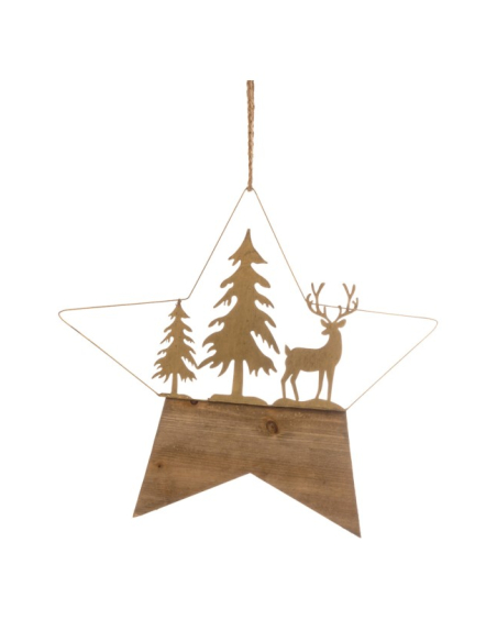 Étoile de Noël à suspendre en métal doré et bois – Cerf et sapins 45,5 × 41,5 cm