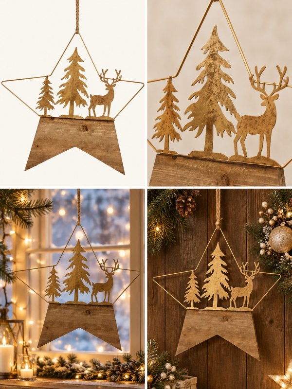 Étoile de Noël à suspendre en métal doré et bois – Cerf et sapins 45,5 × 41,5 cm
