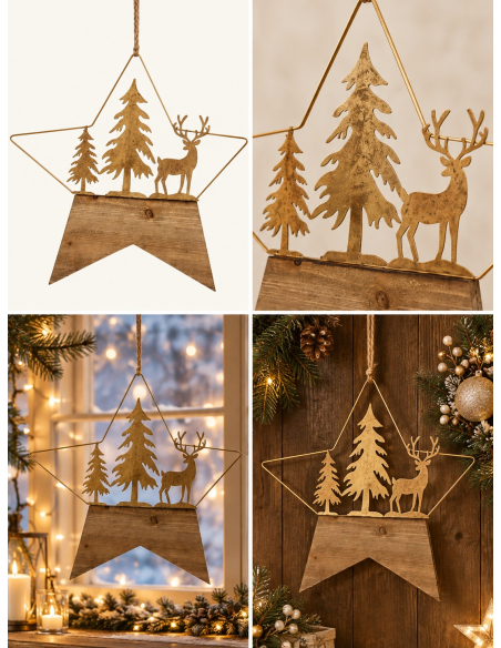 Étoile de Noël à suspendre en métal doré et bois – Cerf et sapins 45,5 × 41,5 cm