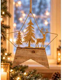 Étoile de Noël à suspendre en métal doré et bois – Cerf et sapins 45,5 × 41,5 cm