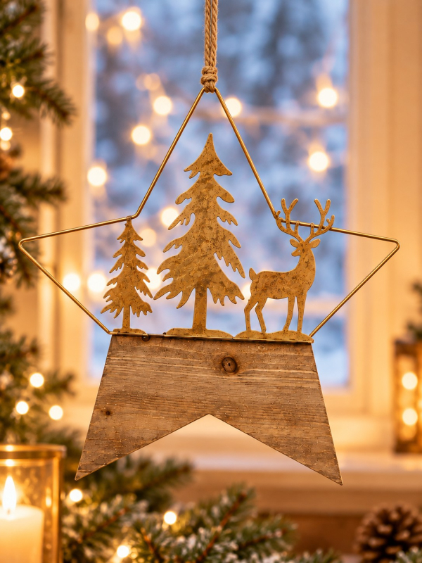 Étoile de Noël à suspendre en métal doré et bois – Cerf et sapins 45,5 × 41,5 cm