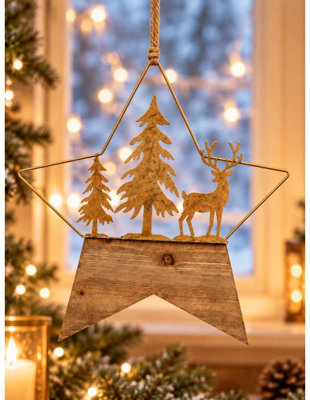 Étoile de Noël à suspendre en métal doré et bois – Cerf et sapins 45,5 × 41,5 cm