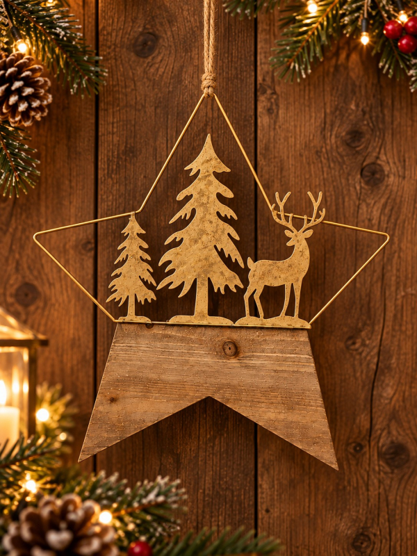 Étoile de Noël à suspendre en métal doré et bois – Cerf et sapins 45,5 × 41,5 cm