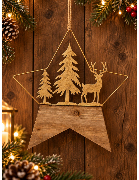 Étoile de Noël à suspendre en métal doré et bois – Cerf et sapins 45,5 × 41,5 cm