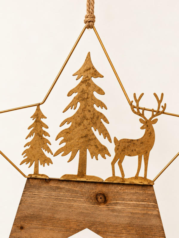Étoile de Noël à suspendre en métal doré et bois – Cerf et sapins 45,5 × 41,5 cm