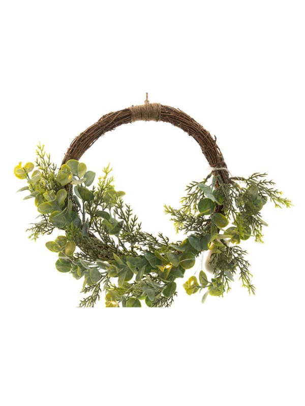 Couronne de Noël Lumineuse 30 cm – Eucalyptus, Fougères et 10 LED
