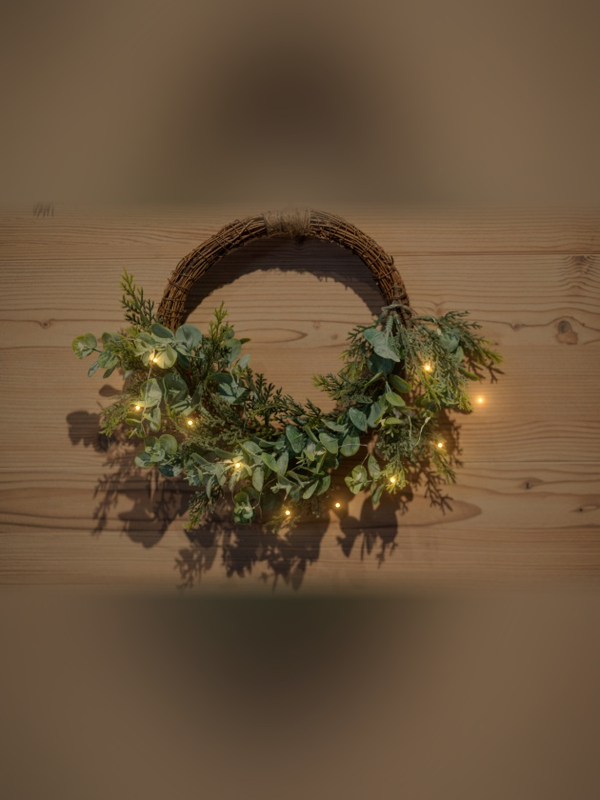 Couronne de Noël Lumineuse 30 cm – Eucalyptus, Fougères et 10 LED