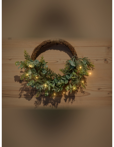 Couronne de Noël Lumineuse 30 cm – Eucalyptus, Fougères et 10 LED