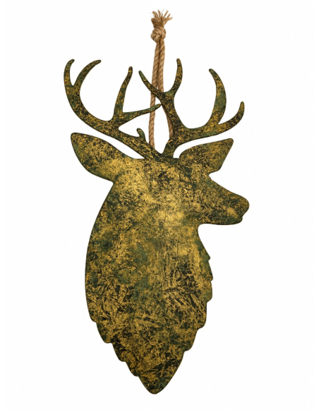Tête de Renne Murale en Métal Vert et Or Patiné – 60 cm