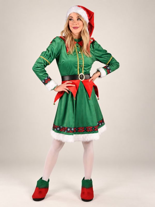 Déguisement Elfe de Noël Femme – Robe Verte et Rouge à Finitions Dorées