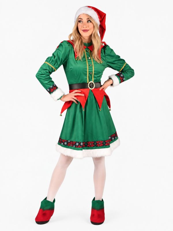 Déguisement Elfe de Noël Femme – Robe Verte et Rouge à Finitions Dorées