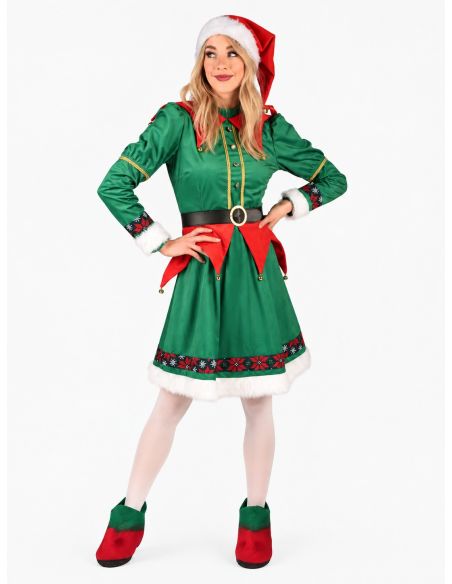 Déguisement Elfe de Noël Femme – Robe Verte et Rouge à Finitions Dorées