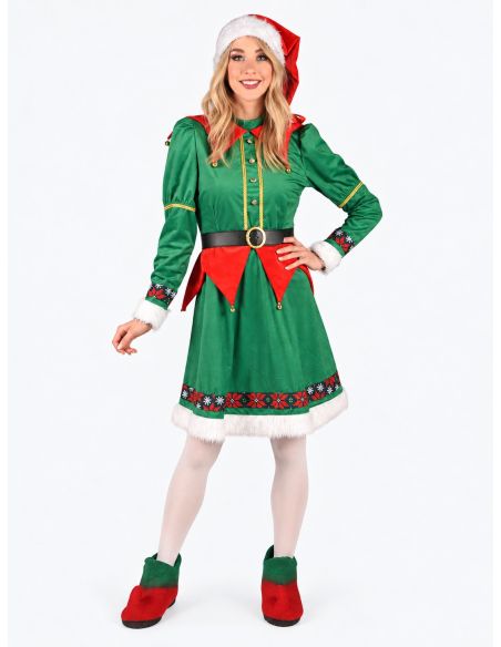 Déguisement Elfe de Noël Femme – Robe Verte et Rouge à Finitions Dorées