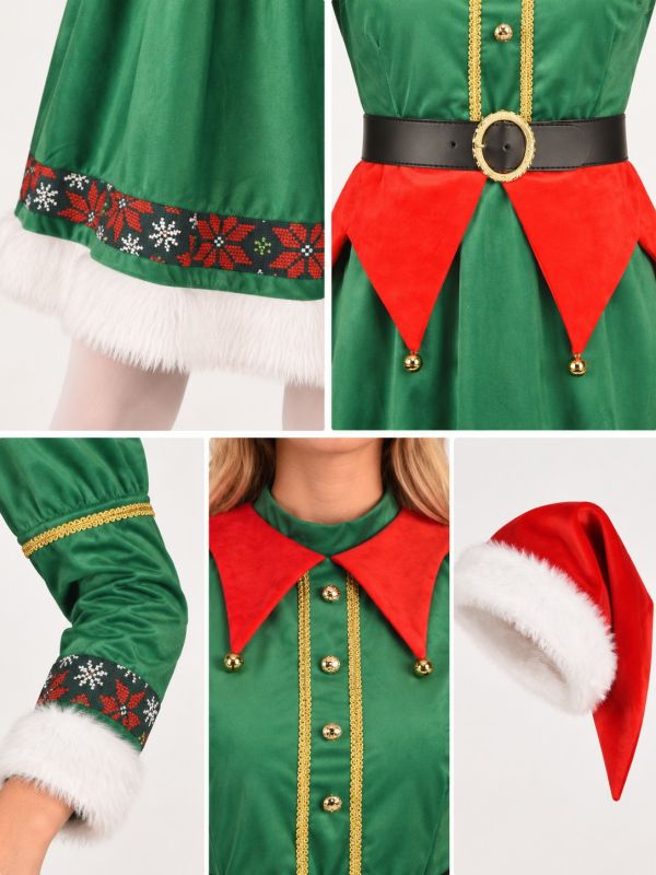 Déguisement Elfe de Noël Femme – Robe Verte et Rouge à Finitions Dorées