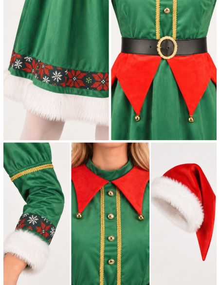 Déguisement Elfe de Noël Femme – Robe Verte et Rouge à Finitions Dorées