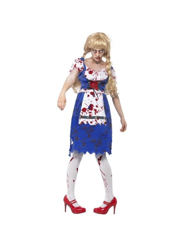 Déguisement bavaroise zombie (robe avec faux tablier bleue, tachée de sang)