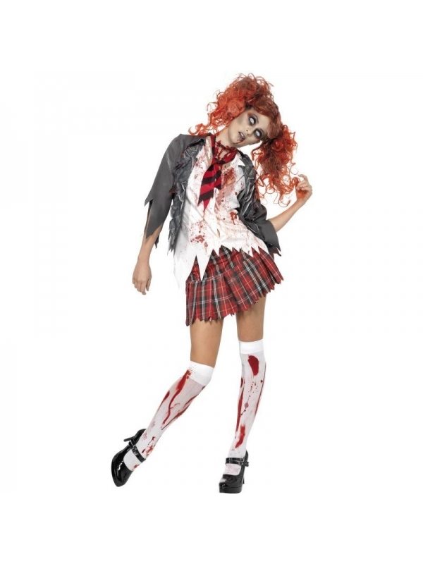 Déguisement zombie écolière (veste, chemise attachée, cravate et jupe)