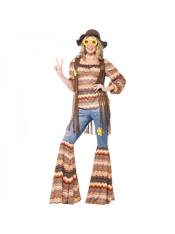 Déguisement femme hippie harmonie (Haut, Pantalon à Pattes d'Eléphant et Gilet)
