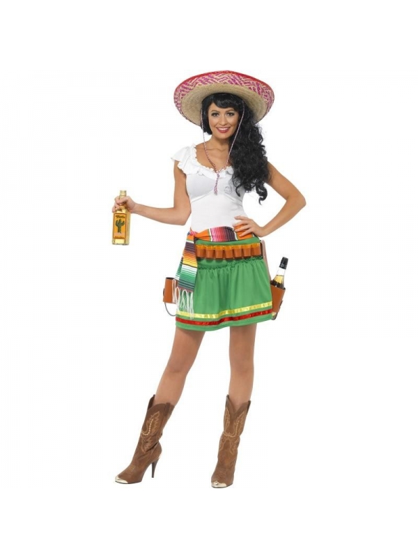 Déguisement Mexicaine sexy mexicaine tequila (robe, ceinture à motifs Mexicains et ceinture avec holster)