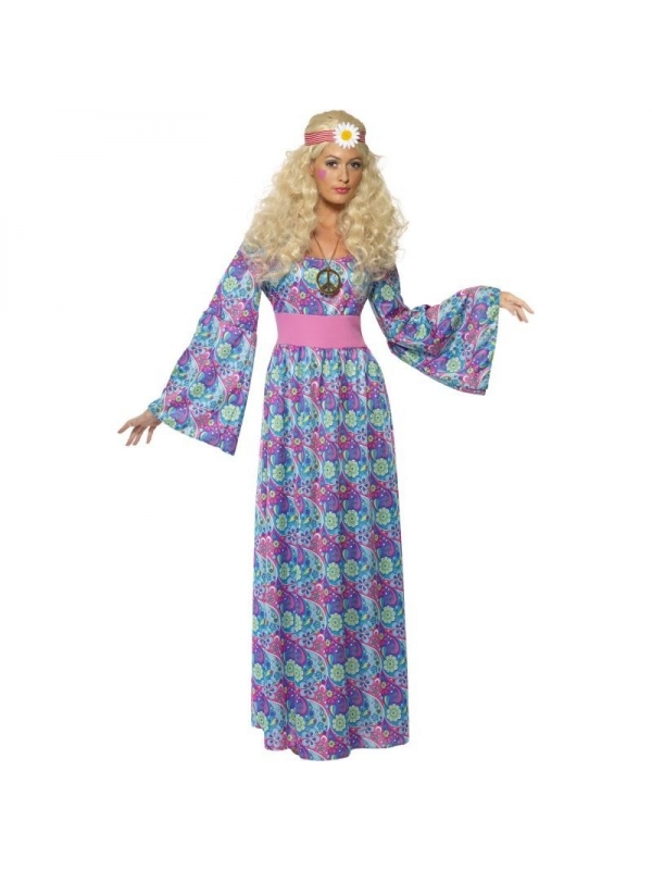 Déguisement Hippie femme (robe longue à fleurs avec ceinture et manches évasées)