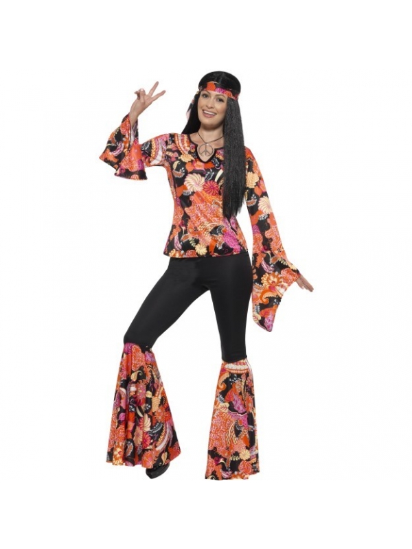 Déguisement hippie femme (haut, pantalon, bandeau et collier Peace and Love)