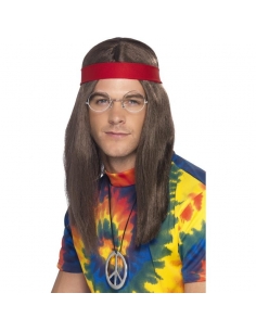 Set Hippie Homme (perruque marron, lunettes grises, médaillon Peace, bandeau)