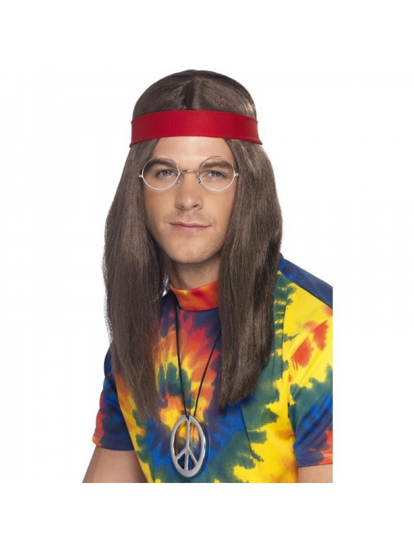 Set Hippie Homme (perruque marron, lunettes grises, médaillon Peace, bandeau)