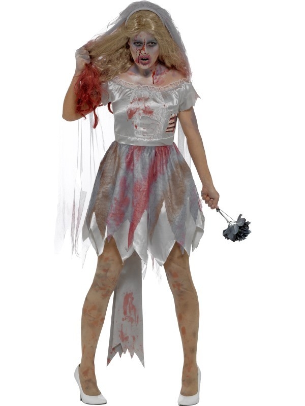 Déguisement mariée zombie (robe, blessure aux côtes en latex, voile et bouquet de fleurs)