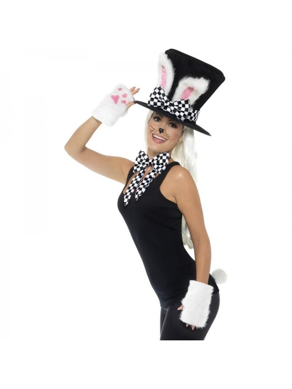 Kit Lapin noir et blanc (haut de forme avec oreilles de lapin, gants, noeud-papillon et queue)| Accessoires