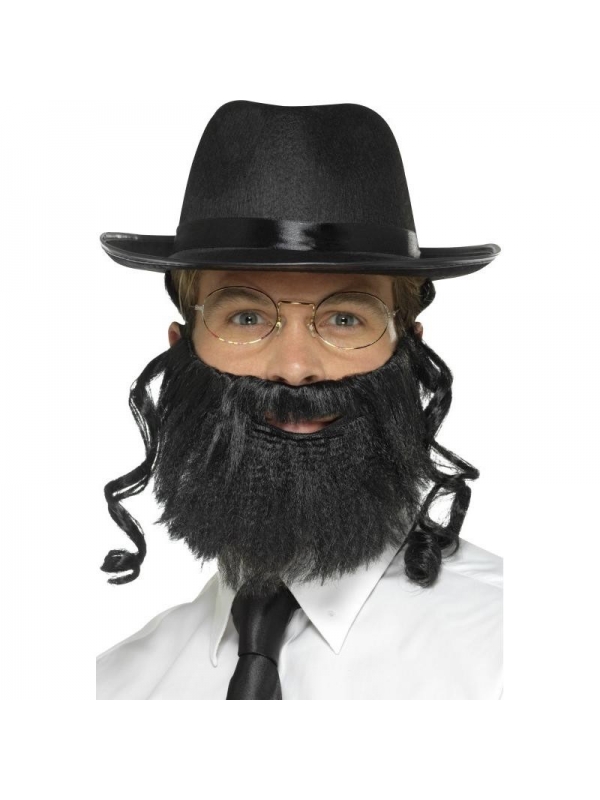Kit rabbin adulte (chapeau avec cheveux attachés, barbe et lunettes)