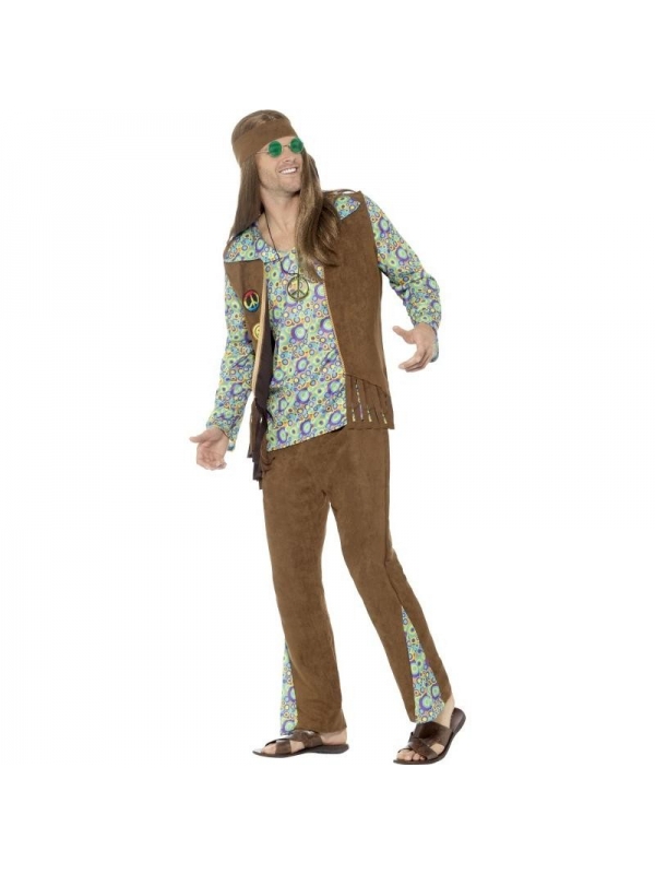 Déguisement Hippie Multicolore Homme (pantalon, haut, gilet, médaillon, bandeau)