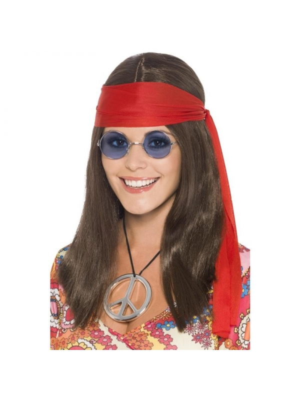 Kit Hippie Femme (perruque cheveux bruns longs, lunettes, pendentif peace, bandeau rouge) | Accessoires