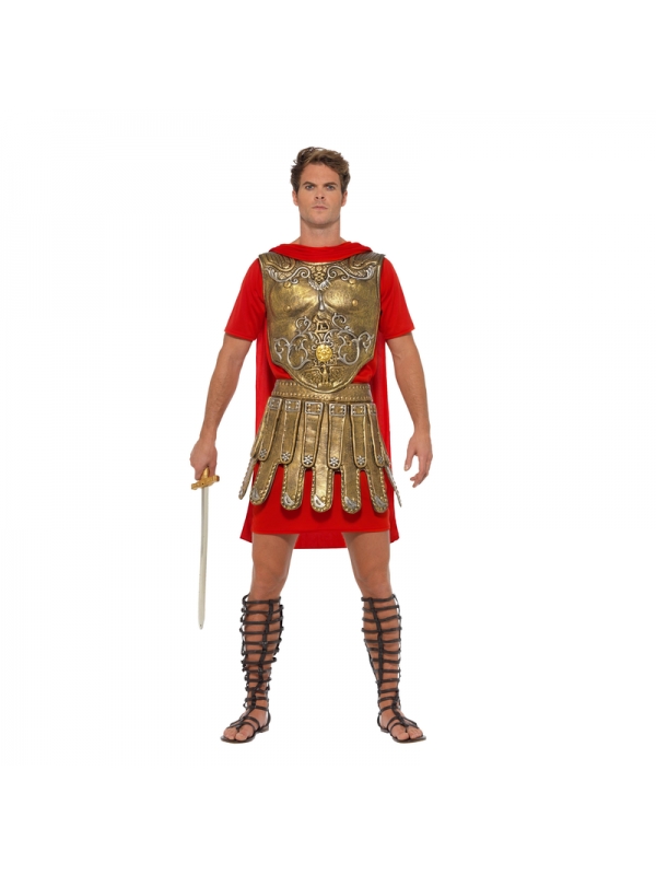 Déguisement adulte gladiateur romain (tunique rouge, buste et jupe or en Eva)