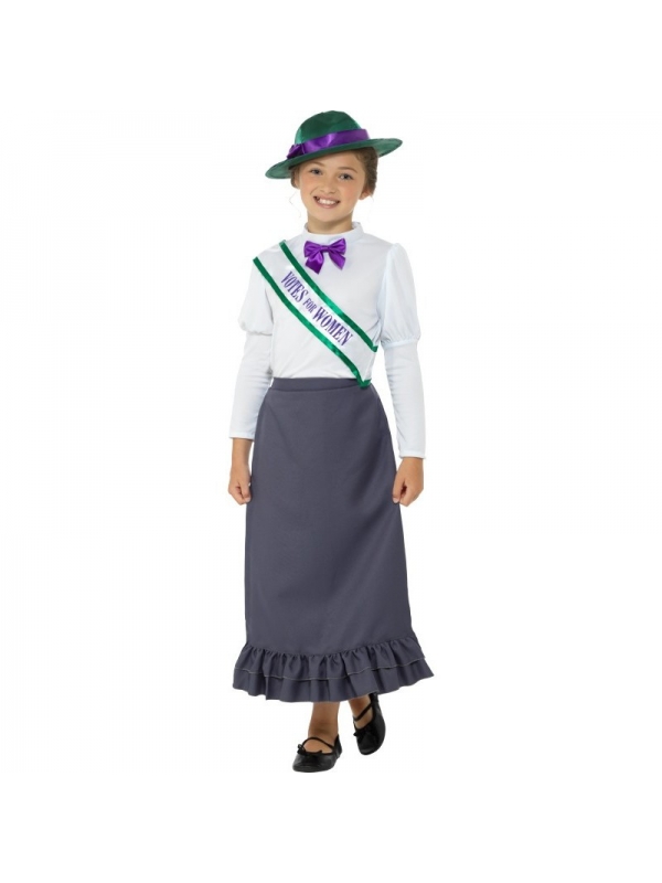 Déguisement petite suffragette victorienne (la robe, le chemisier attaché, l'écharpe et le chapeau)