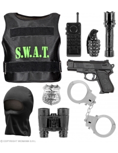 Kit SWAT (gilet pare-balles, insigne, pistolet, menottes, radio, lampe-torche, grenade, jumelles)