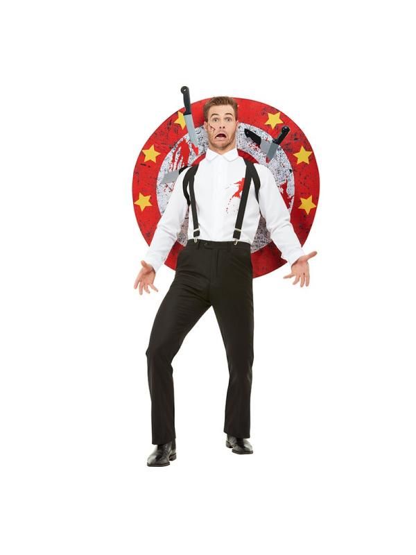 Déguisement Cirque Lanceur de Couteaux Homme (chemise, bretelles, cible, couteaux velcros)