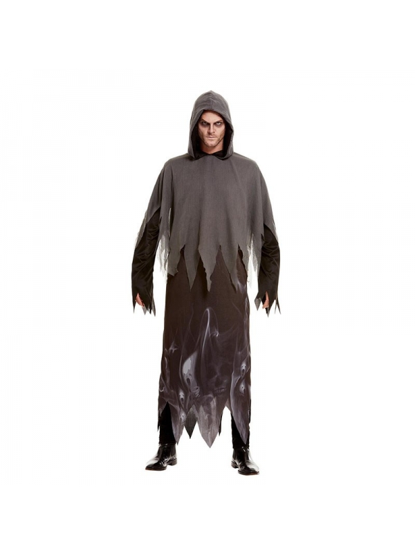 Déguisement Fantôme noir homme (robe longue à capuche imprimée fantômes)