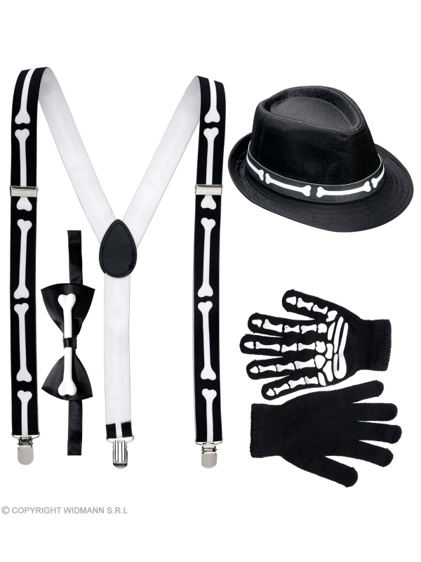 Kit Squelette (bretelles os, noeud papillon, gants et chapeau)