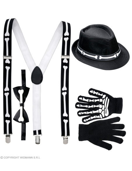 Kit Squelette (bretelles os, noeud papillon, gants et chapeau)
