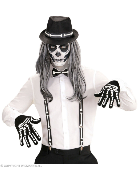 Kit Squelette (bretelles os, noeud papillon, gants et chapeau)