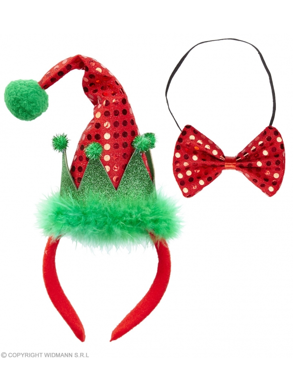 Set de Noël rouge et vert (serre-tête chapeau d'elfe et noeud papillon pailleté)