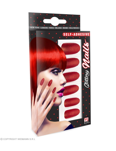 Set de 12 Faux ongles rouges pailletés (auto-adhésifs)