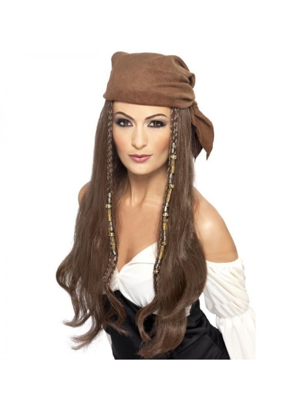 Perruque Pirate femme avec bandana, perles et breloques