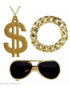 Set de Rappeur (lunettes, collier dollar, bracelet or)